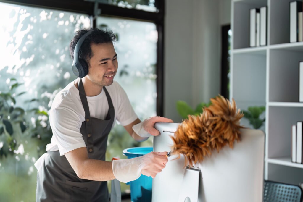 Leende man städar kontor Leende man dammtorkar skrivbord på ett ljust kontor.